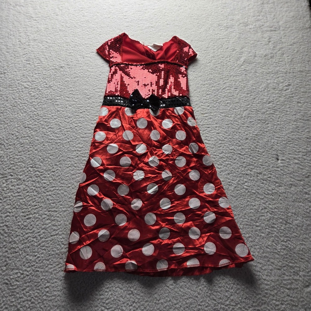 Disney Dress Girls 10-12 Red Minnie Mouse Polka Dot Sequin Fit & Flare 36473G